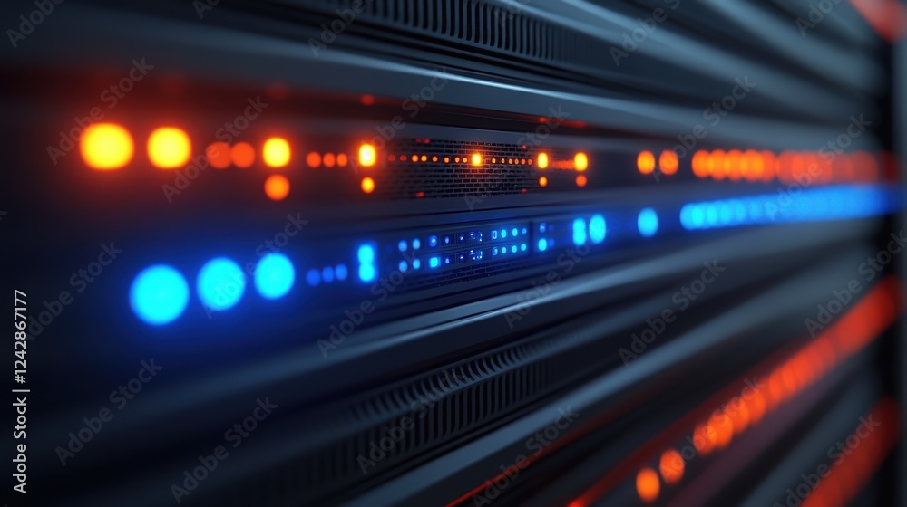 Close-up view of illuminated server racks showcasing vibrant blue and orange lights in a data center Close-up view of illuminated server racks showcasing vibrant blue and orange lights in a data center