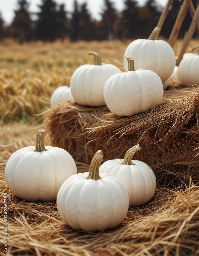 White pumpkins setup on hay for Halloween decorations, October 31, countryside style White pumpkins setup on hay for Halloween decorations, October 31, countryside style