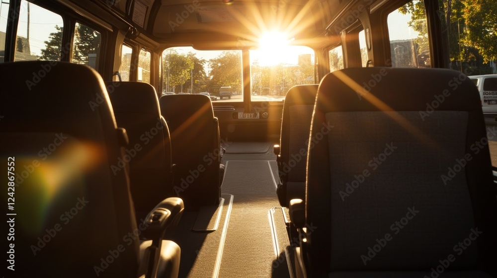 Fototapeta premium Sunset Shuttle Bus Interior City Street