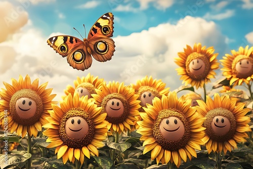 A butterfly soaring over a landscape of bright sunflower faces, capturing the essence of joy and vitality in a cheerful summer garden.