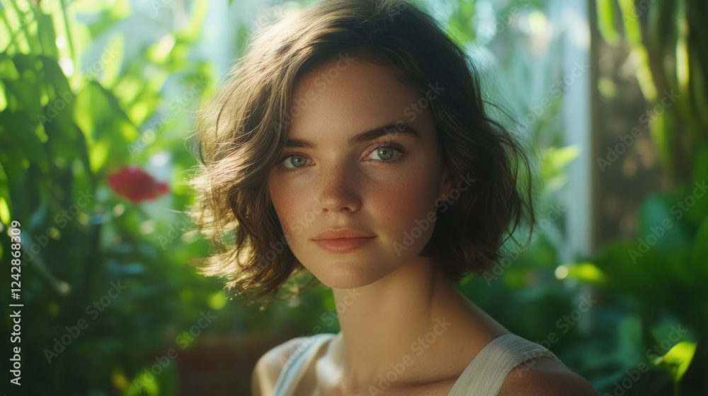 Woman, portrait, greenhouse, plants, sunlight, beauty, skincare, ad, campaign Woman, portrait, greenhouse, plants, sunlight, beauty, skincare, ad, campaign