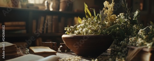 Dried herbs bowl, old books, study, sunlit room, herbalism