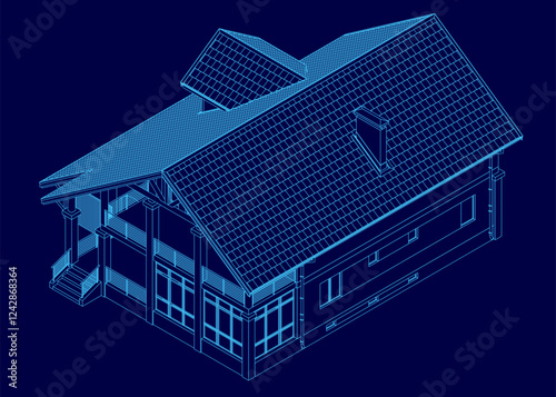 A blue house with a slanted roof and a chimney. The roof is made of shingles and the chimney is made of bricks. The house has a porch and a staircase leading up to the front door. Isometric view