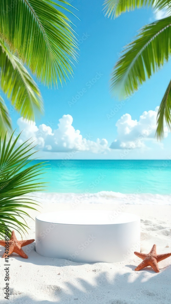 Obraz premium Vertical product mockup photo with a podium, on a beach with white sand, blue sky, palm leaves around, starfish and seashells on the white sand, sea on the background