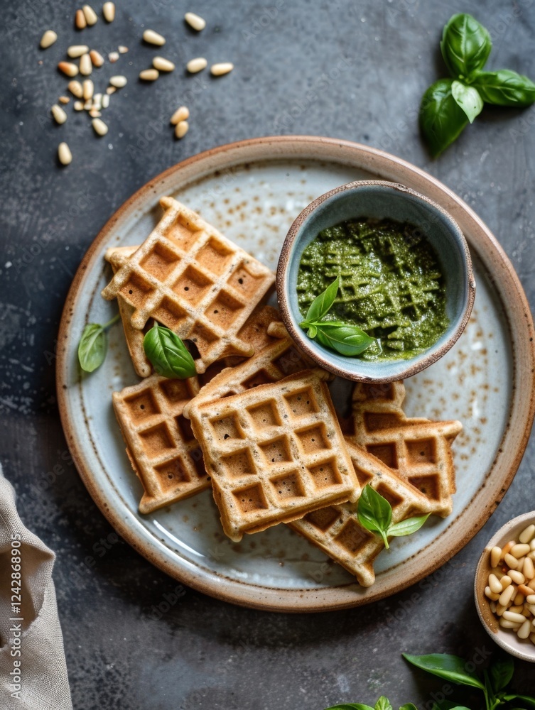 Fototapeta premium Crispy millet waffles served with fresh basil pesto for dipping