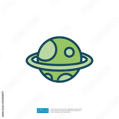 Simplified Illustration of a Green Planet with Rings and Spots Representing Celestial Body in Space Education Icon
