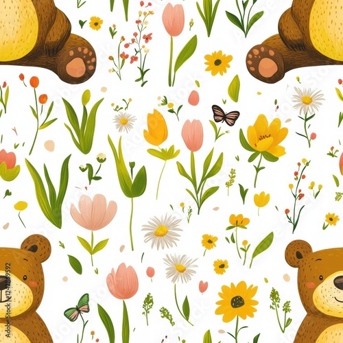 Cute illustration featuring bears among colorful flowers and greenery in a whimsical woodland setting. Generative AI photo