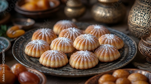 assorted semolina maamoul or mamoul cookies with ramadan décor. traditional semolina maamoul cookies, delicately shaped and dusted with powdered sugar, placed on a vintage plate. ramadan festival