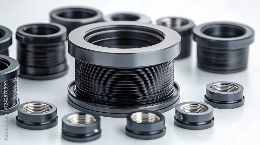 Close-up of various precision-engineered metal components arranged artistically on a surface Close-up of various precision-engineered metal components arranged artistically on a surface