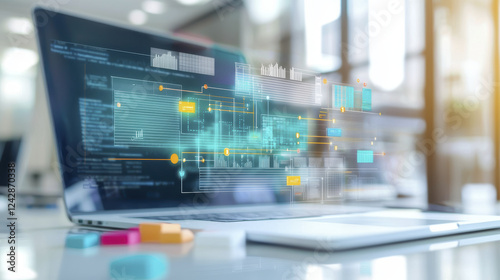 Wallpaper Mural modern laptop displaying digital data visualization and analytics in bright office environment Torontodigital.ca