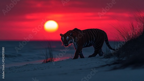 Tiger at sunset beach scene, wildlife silhouette photo