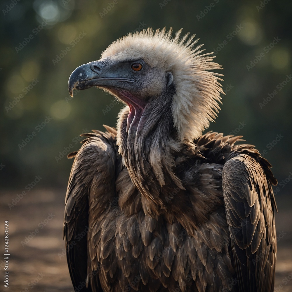 A vulture standing tall, its feathers detailed and striking.