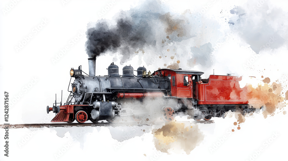 Fototapeta premium vibrant watercolor illustration of vintage steam locomotive, showcasing its intricate details and dynamic movement