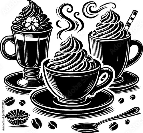 set of cups of coffee with fruts and waffles