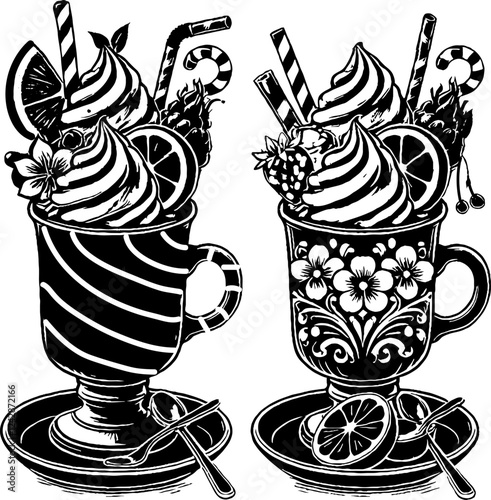 set of cups of coffee with fruts and waffles