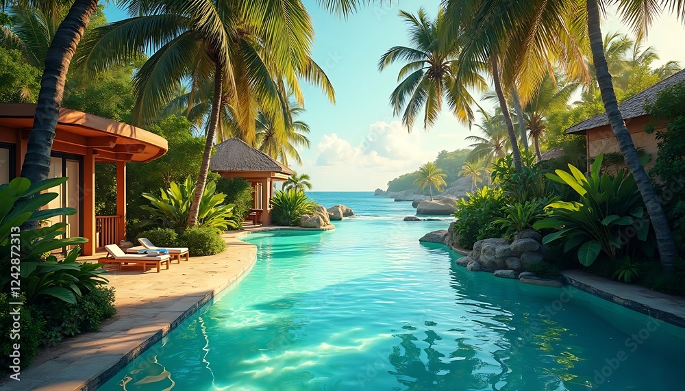 Fototapeta premium Tropical Resort Poolside Paradise Ocean View