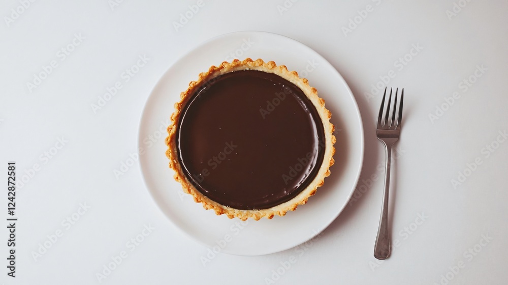 A minimalist gluten-free chocolate tart with a simple but elegant presentation, placed on a clean, white table with a single fork beside it A minimalist gluten-free chocolate tart with a simple but elegant presentation, placed on a clean, white table with a single fork beside it