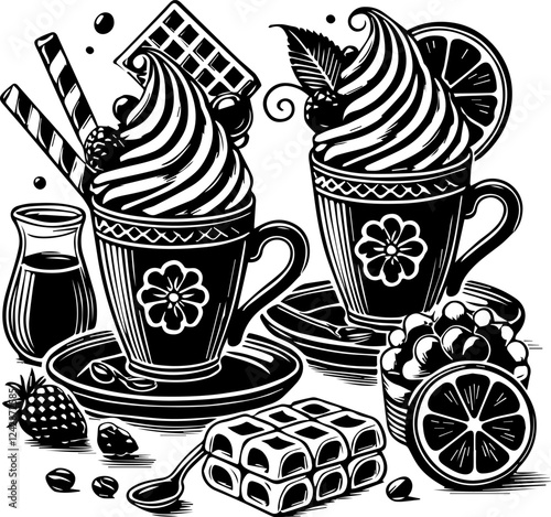 set of cups of coffee with fruts and waffles