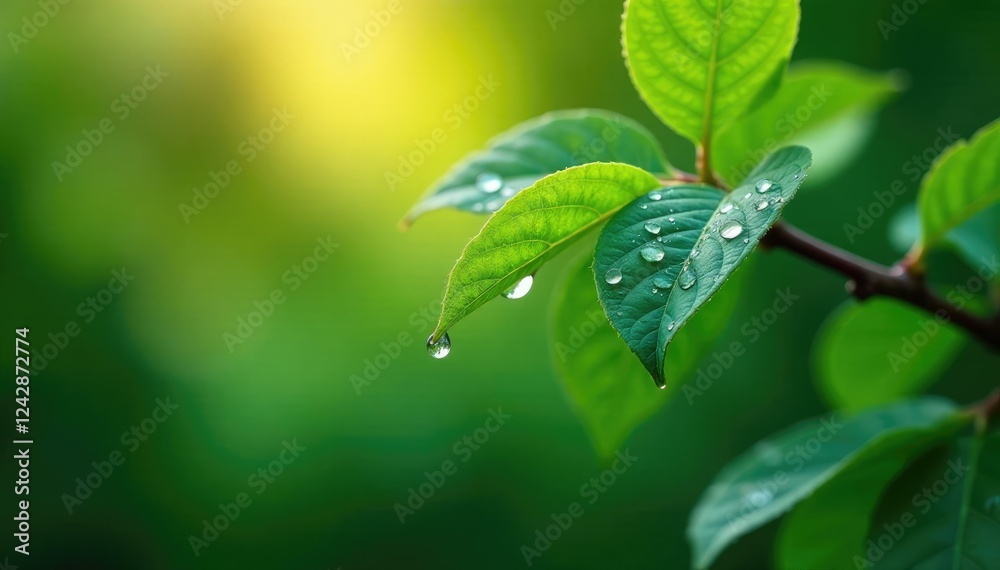 Water droplets on leafy branches in morning light, morning dew, water drop Water droplets on leafy branches in morning light, morning dew, water drop