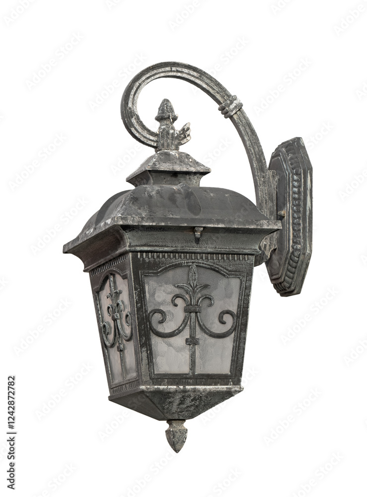 Fototapeta premium Closeup vintage street exterior wall lamp isolated. Metallic wall lighting lamp or Retro style metallic wall lighting lamp.