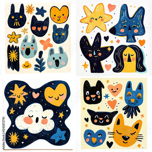 set of funny cartoon cats