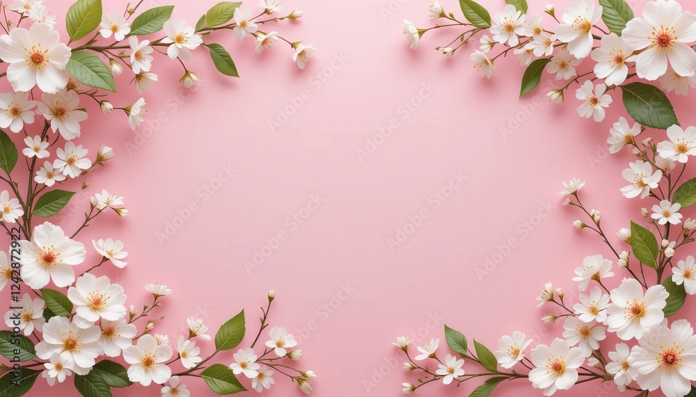 Cherry blossom border with pink background and delicate petals, showcasing a floral frame with branches and leaves, perfect for spring and nature-themed designs Cherry blossom border with pink background and delicate petals, showcasing a floral frame with branches and leaves, perfect for spring and nature-themed designs
