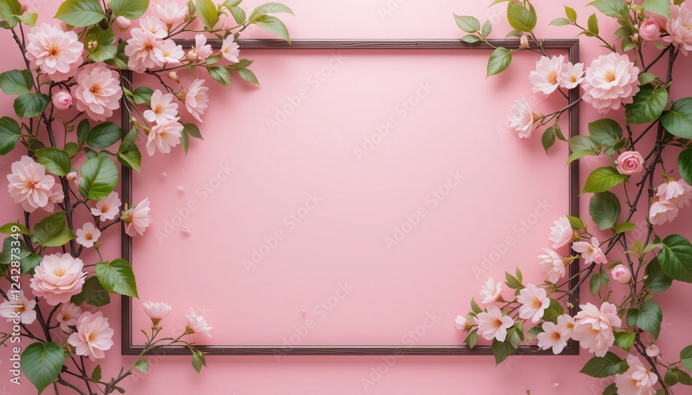 Obraz premium A pink frame on pink background showcasing a spring bloom, cherry blossoms, and a delicate petals and branches in a garden setting