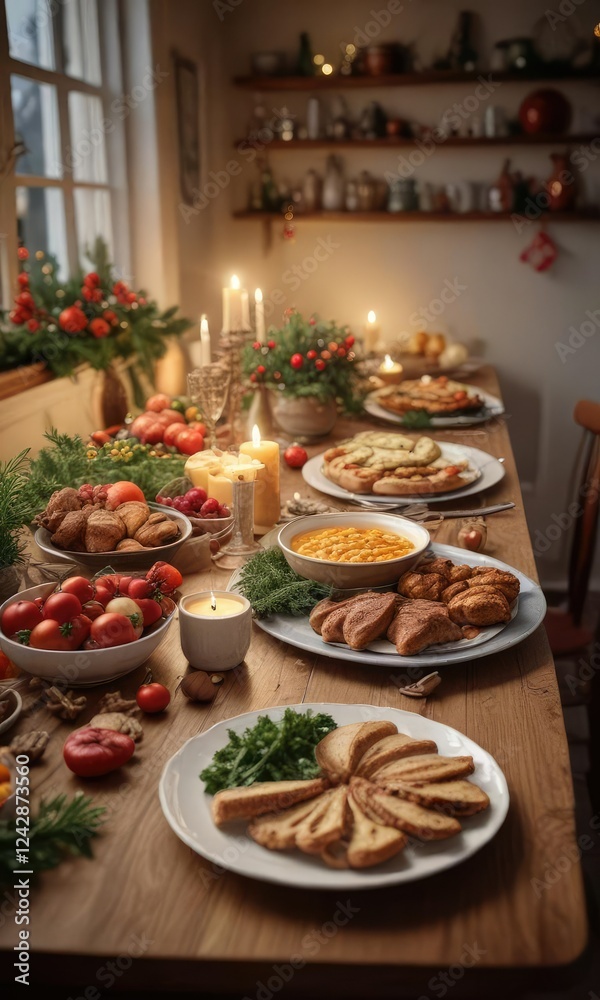 Naklejka premium Warmly lit kitchen table with festive decorations and a delicious spread of food , wooden tablecloth, pumpkin centerpiece, home cooking