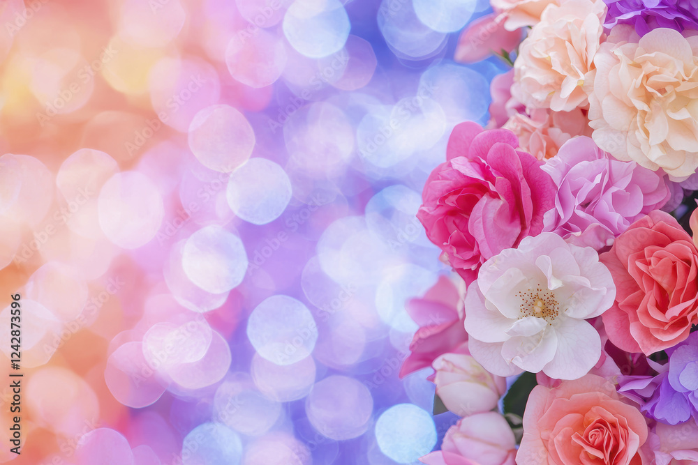 Obraz premium Fresh romantic roses in vibrant colors with dreamy bokeh background