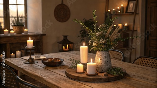 Warmly lit table with candles and a centerpiece, comforting ambiance, autumnal colors, warm lighting