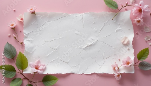 A pink flower frame with white paper on pink background showcasing a spring bloom, cherry blossoms, and a delicate close-up of petals and branches in a garden setting photo