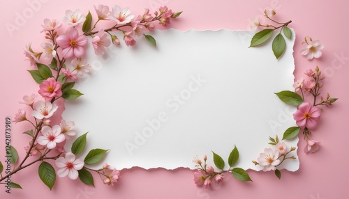 A pink flower frame with white paper on pink background showcasing a spring bloom, cherry blossoms, and a delicate close-up of petals and branches in a garden setting photo