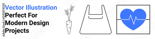Carrot, reusable bag, and heartbeat icon promoting health, eco-consciousness, and sustainable living. Ideal for health, nature, eco-friendly concepts, wellness packaging healthcare lifestyle flat