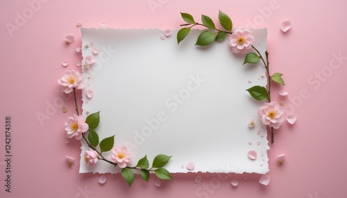 A pink flower frame with white paper on pink background showcasing a spring bloom, cherry blossoms, and a delicate close-up of petals and branches in a garden setting photo