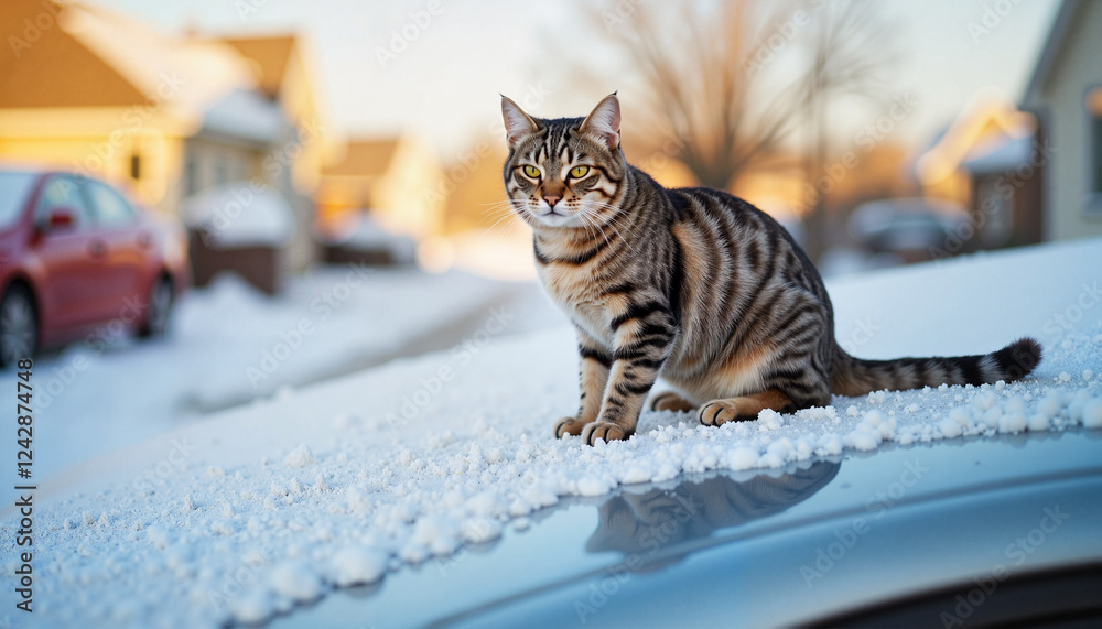 Naklejka premium Curious cat exploring snowy car roof in winter, playful adventure