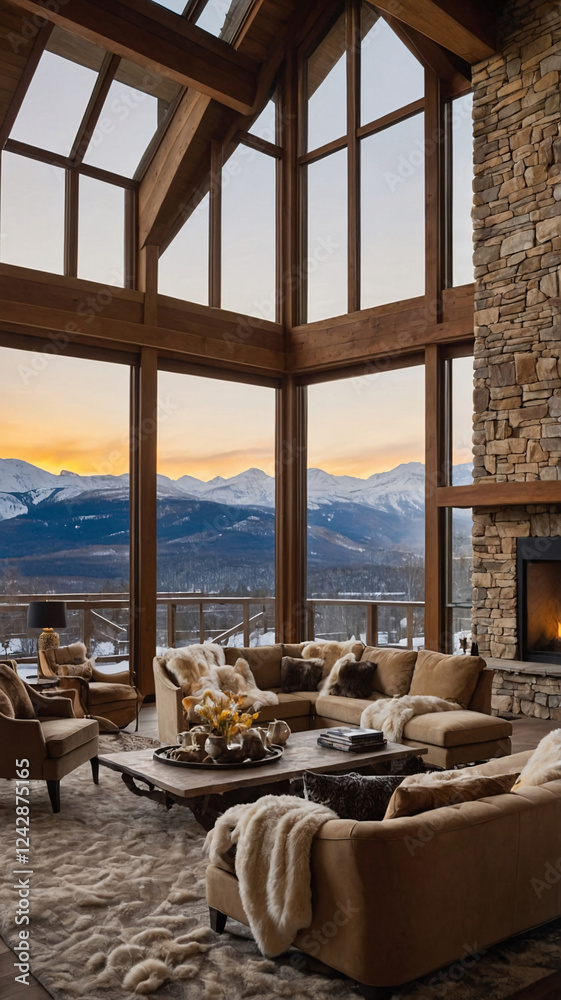 Obraz premium Charming rustic living room featuring a beige sofa fur carpet stone accents fireplace and expansive snowy mountain views in golden hour light Interior Design Inspiration