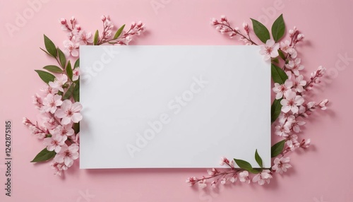 A pink spring flower frame with white paper on pink background showcasing a spring bloom, cherry blossoms, and a delicate petals and branches in a garden setting photo