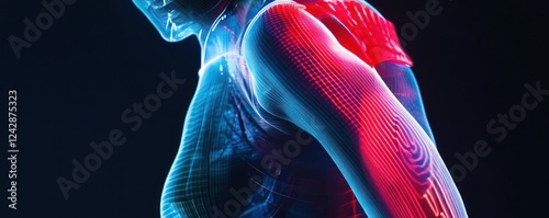 Athlete's shoulder pain, glowing anatomy, dark background, medical illustration