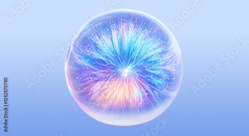 abstract blue transparent Glass Sphere, glowing bubbles, magic, Artificial intelligence concept, science molecular ball, eye pupil, future technology energy, advanced medical biology,3d rendering