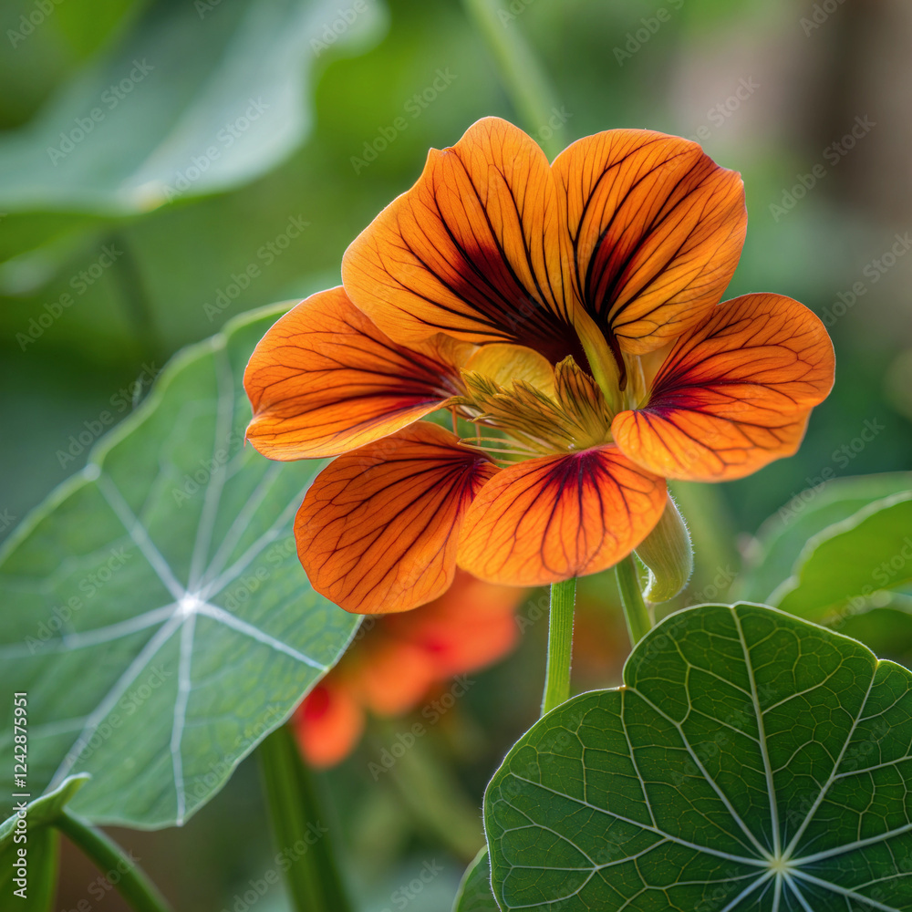 Vibrant orange nasturtium flower with striking markings surrounded by lush green leaves in a garden setting
Vibrant orange nasturtium flower with striking markings surrounded by lush green leaves in a garden setting