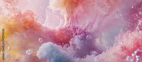 Pastel paint explosion underwater, vibrant bubbles, background blur, ad use photo