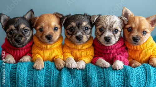 Celebrate National Puppy Day with adorable pups in colorful sweaters lined up, radiating joy and cuteness in a cozy setting