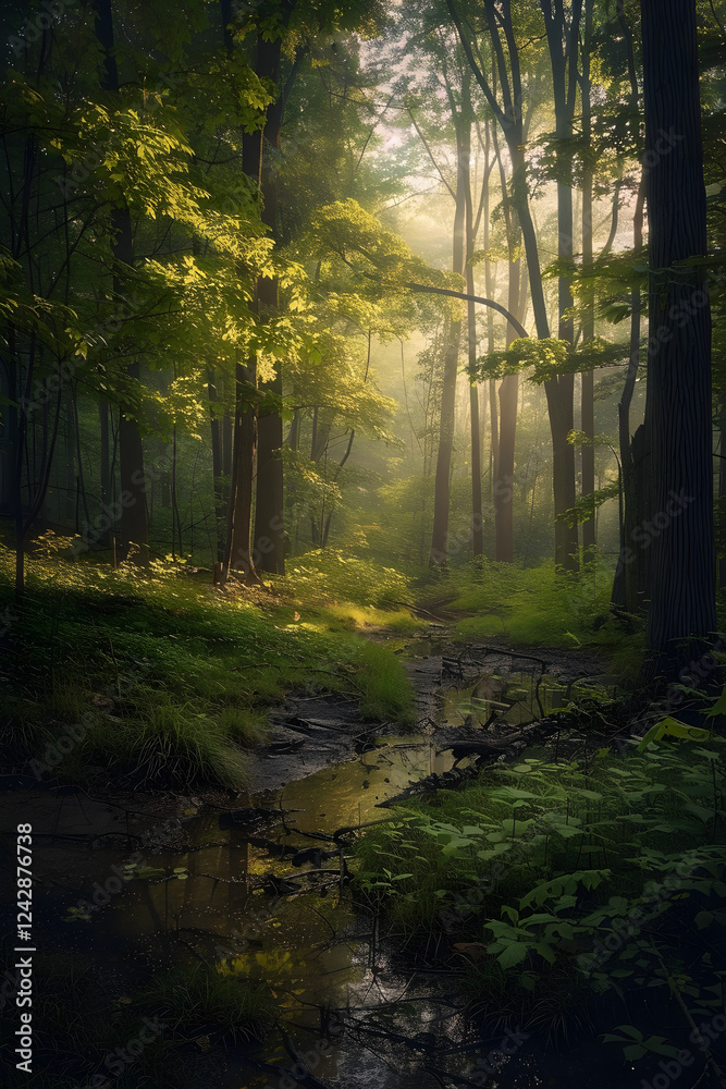 Fototapeta premium Peaceful Dawn in a Serene Forest: Light and Shadow Dance Among Trees, Creating a Tranquil Escape