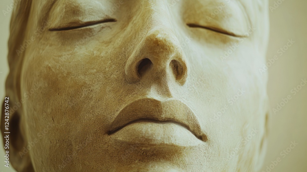 Fototapeta premium Serene stone face sculpture closeup, gallery, peaceful background, meditation