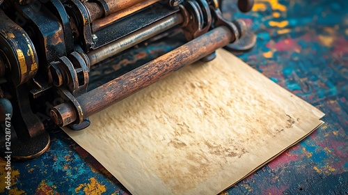 Close up of an old printing press with paper isolated on a colorful background