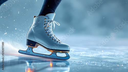 Ice skating shoe poised for action on a reflective surface against a frosty backdrop.