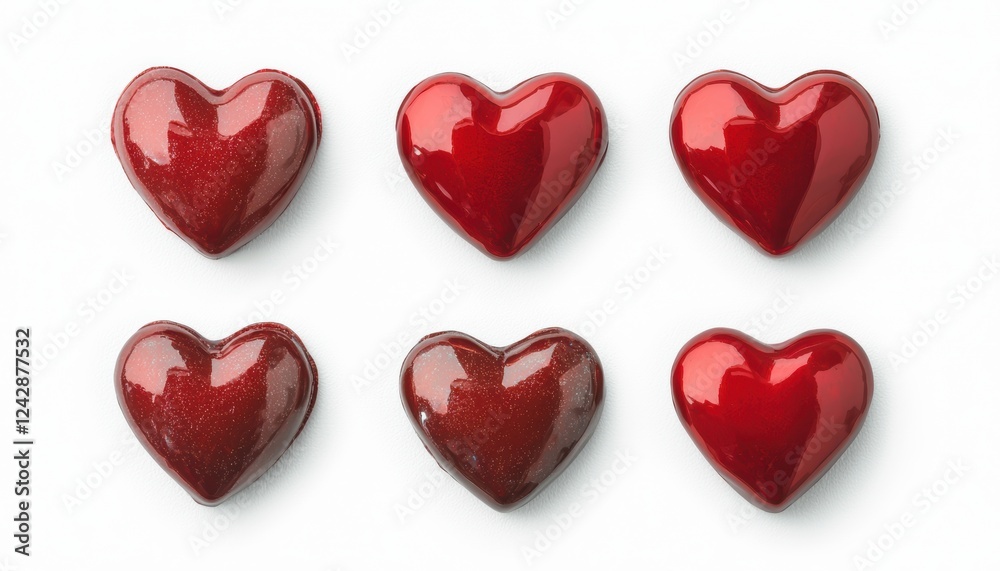 Collection of glossy red heart-shaped candies, textured foil wrapping, neatly displayed on a bright white canvas for romantic visuals Collection of glossy red heart-shaped candies, textured foil wrapping, neatly displayed on a bright white canvas for romantic visuals