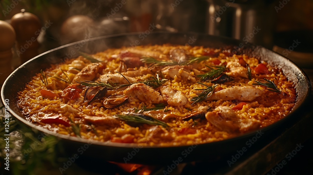 Steaming Seafood Paella with Chicken and Rosemary Steaming Seafood Paella with Chicken and Rosemary