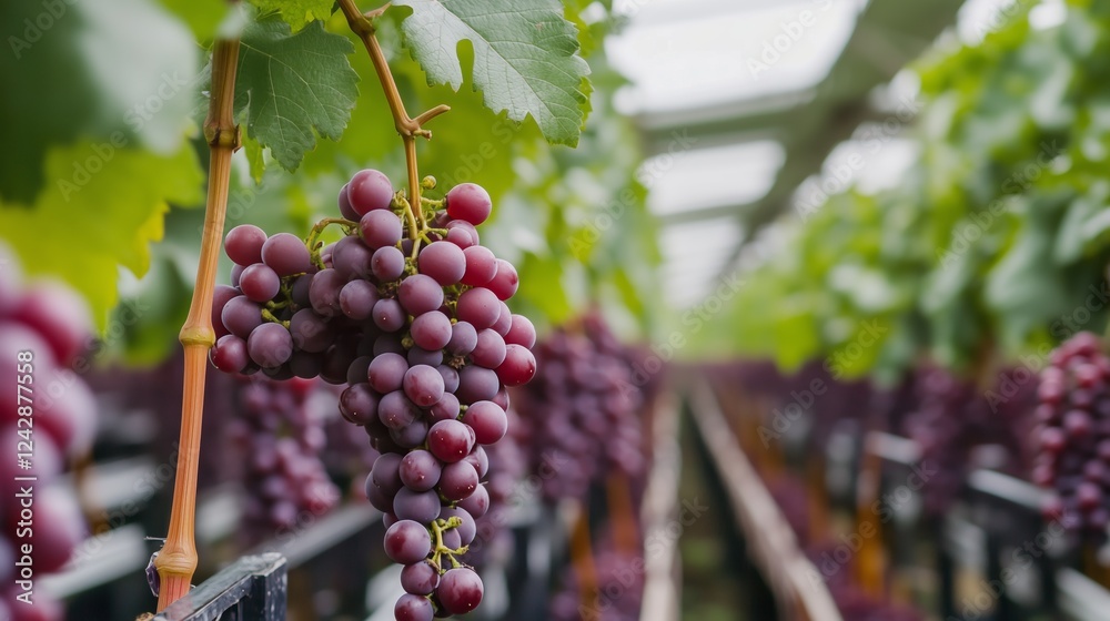 Clusters of ripe grapes dangle from lush green vines in a well-maintained vineyard. The setting showcases rows of grape plants under a clear sky.