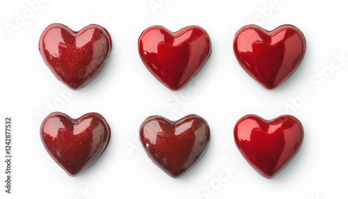 Collection of glossy red heart-shaped candies, textured foil wrapping, neatly displayed on a bright white canvas for romantic visuals